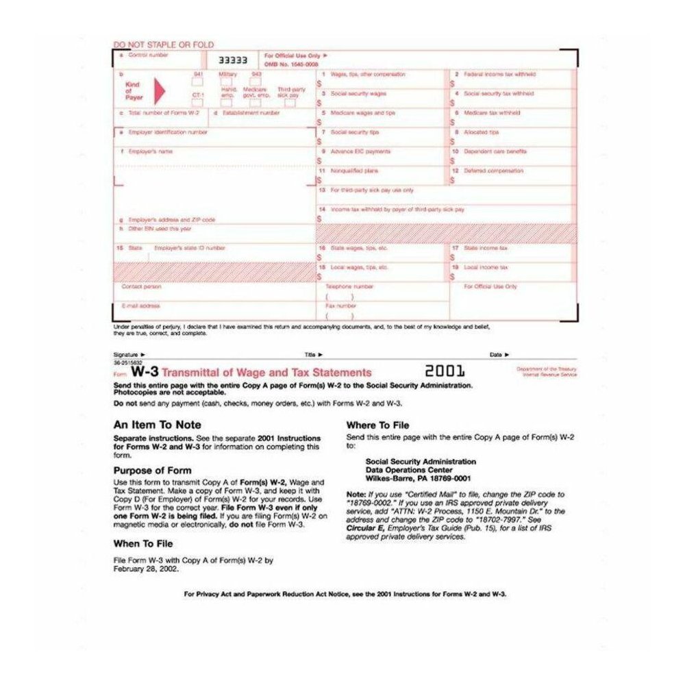 TOPS Continuous W-3 Transmittal of Wage Form - 2 Part - Carbon Copy - 9.50" x 11" Sheet Size - White Sheet(s) - 10 / Pack. Picture 1