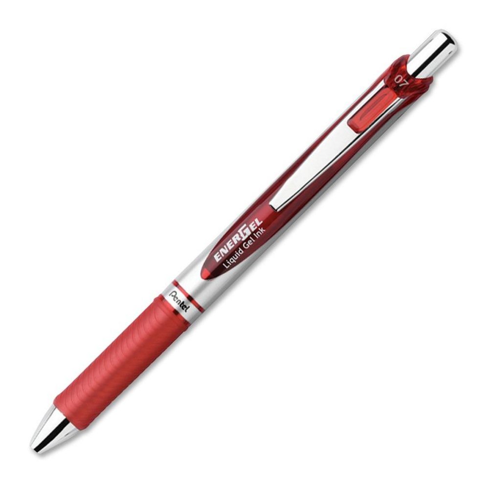 EnerGel EnerGel RTX Liquid Gel Pens - Medium Pen Point - 0.7 mm Pen Point Size - Refillable - Retractable - Red Gel-based Ink - Silver Barrel - Metal Tip - 1 Dozen. Picture 1