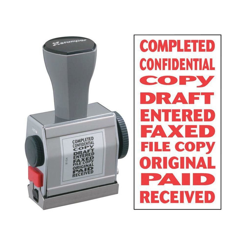 Xstamper 10-In-1 Phrase Stamp - Message Stamp - "COMPLETED, CONFIDENTIAL, COPY, DRAFT, ENTERED, FAXED, FILE COPY, ORIGINAL, PAID, RECEIVED" - 0.19" Impression Width x 1.50" Impression Length - Red - 1. Picture 1