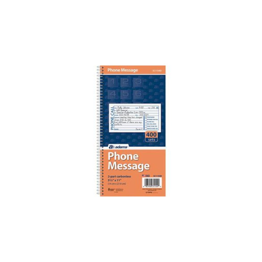 Adams Spiral Bound Phone Message Books - 400 Sheet(s) - Spiral Bound - 2 Part - 5.25" x 11" Sheet Size - Assorted Sheet(s) - Recycled - 1 Each. Picture 1