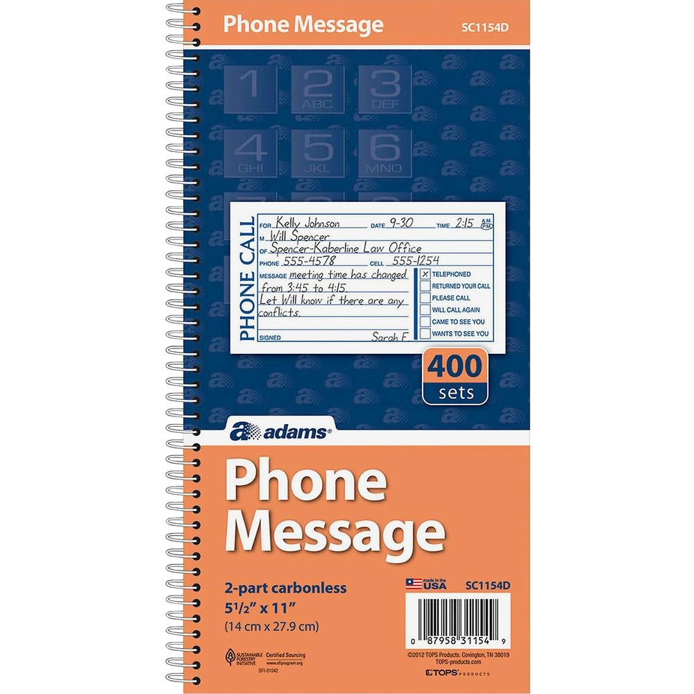 Adams Spiral Bound Phone Message Books - 400 Sheet(s) - Spiral Bound - 2 Part - 5.25" x 11" Sheet Size - Assorted Sheet(s) - Recycled - 1 Each. Picture 4