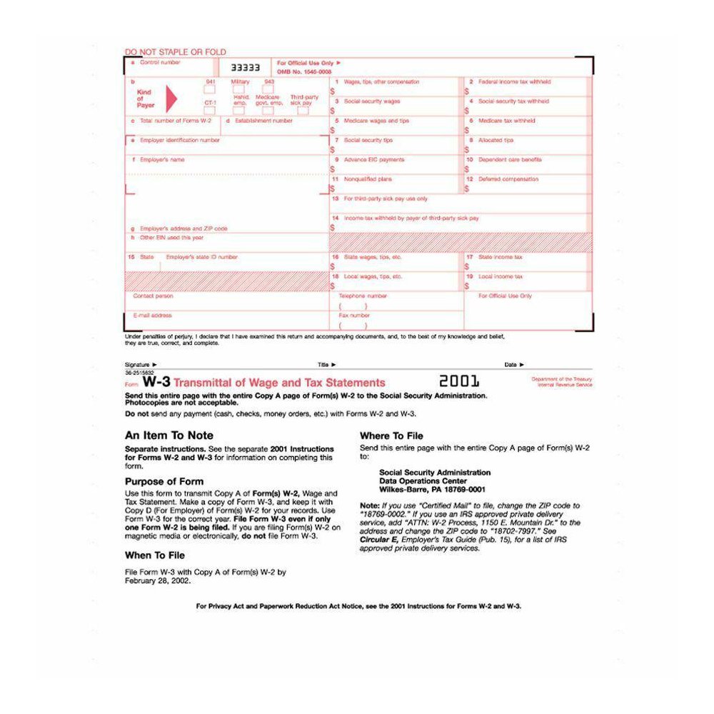 TOPS Continuous W-3 Transmittal of Wage Form - 2 Part - Carbon Copy - 9.50" x 11" Sheet Size - White Sheet(s) - 10 / Pack. Picture 2
