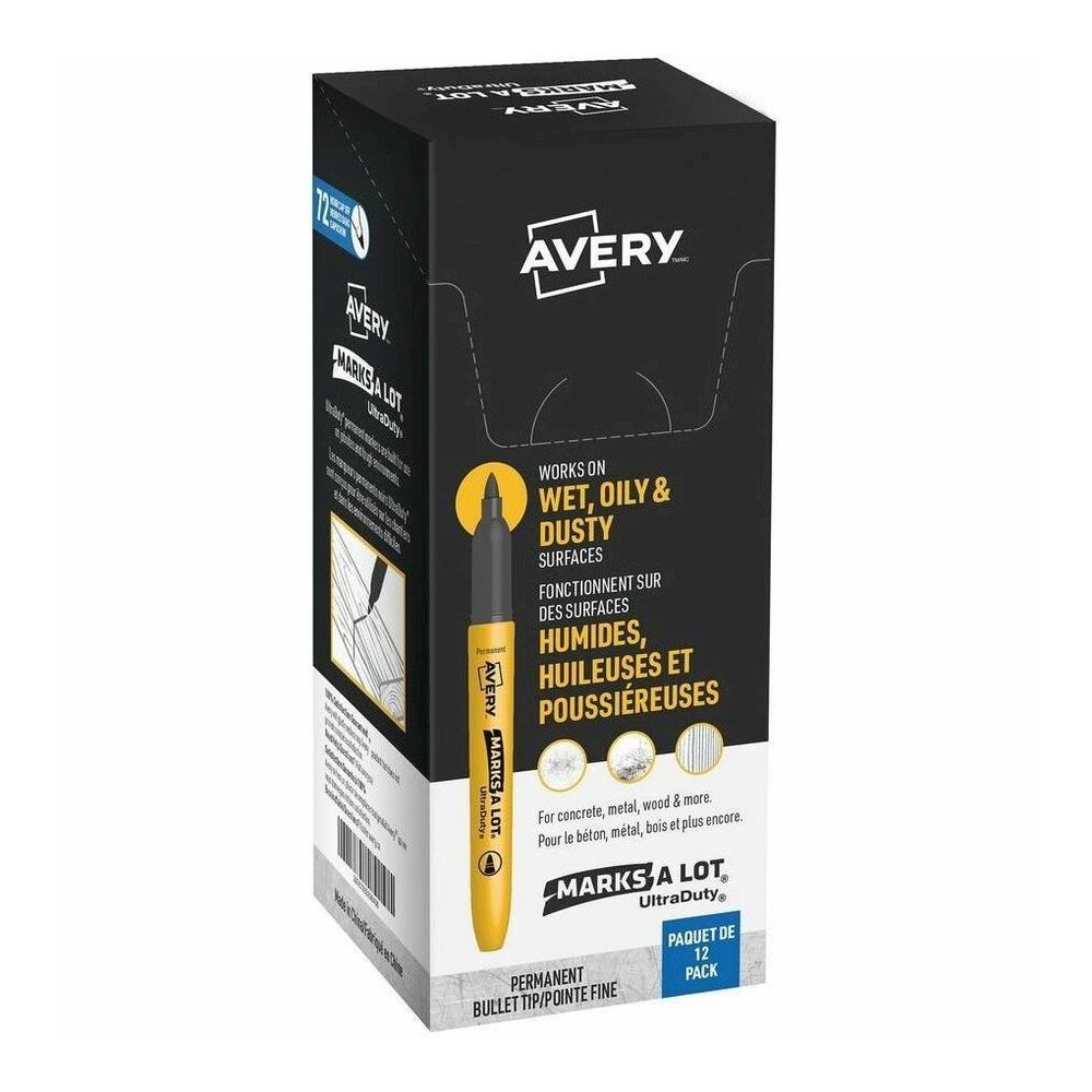Avery&reg; Marks A Lot UltraDuty Markers - Bullet, 1 mm Marker Point - Black Ink - Writing - 12 / Pack. Picture 1
