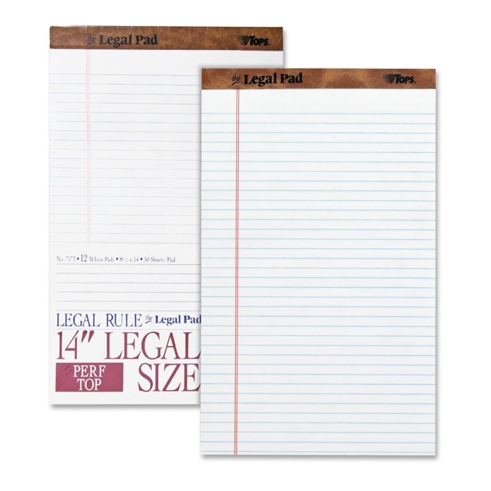 TOPS The Legal Pad Writing Pad - 50 Sheets - Double Stitched - 0.34" Ruled - 16 lb Basis Weight - Legal - 8 1/2" x 14" Sheet Size - White Paper - Chipboard Cover - Perforated, Hard Cover, Removable - . Picture 1