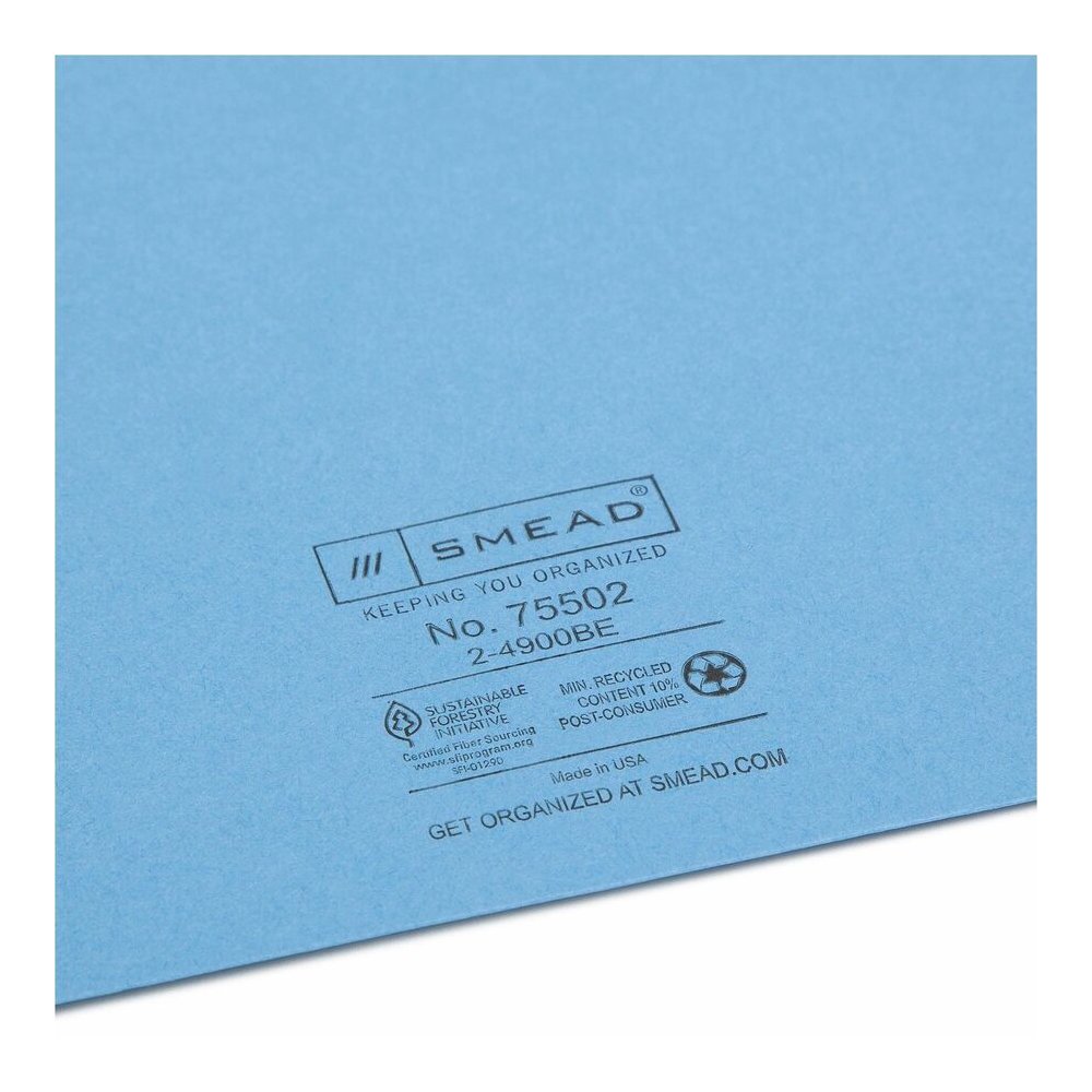 Smead Colored Straight Tab Cut Letter Recycled File Jacket - 8 1/2" x 11" - 11 pt. - 2 Plys - Blue - Slip Resistant, Reinforced Tab - 10% Recycled - 100 / Box. Picture 2