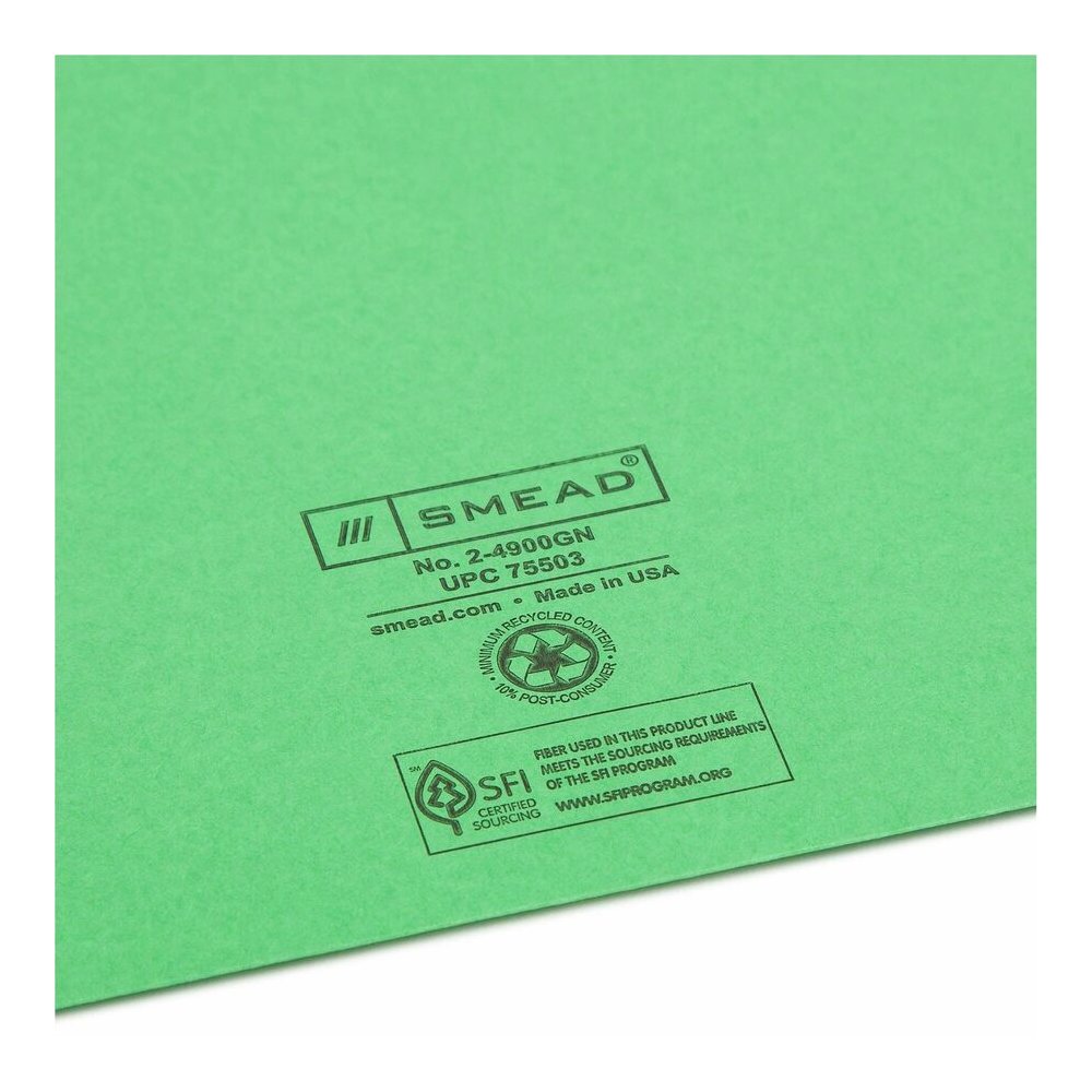 Smead Colored Straight Tab Cut Letter Recycled File Jacket - 8 1/2" x 11" - 11 pt. - 2 Plys - Green - Slip Resistant, Reinforced Tab - 10% Recycled - 100 / Box. Picture 2