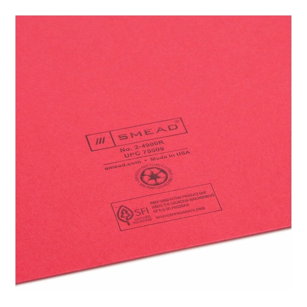 Smead Colored Straight Tab Cut Letter Recycled File Jacket - 8 1/2" x 11" - 11 pt. - 2 Plys - Red - Slip Resistant, Reinforced Tab - 10% Recycled - 100 / Box. Picture 2