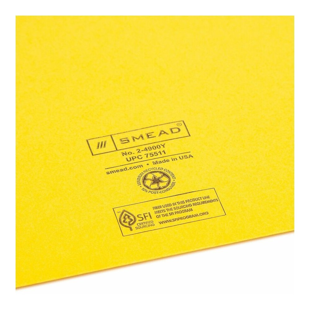 Smead Colored Straight Tab Cut Letter Recycled File Jacket - 8 1/2" x 11" - 11 pt. - 2 Plys - Yellow - Slip Resistant, Reinforced Tab - 10% Recycled - 100 / Box. Picture 2