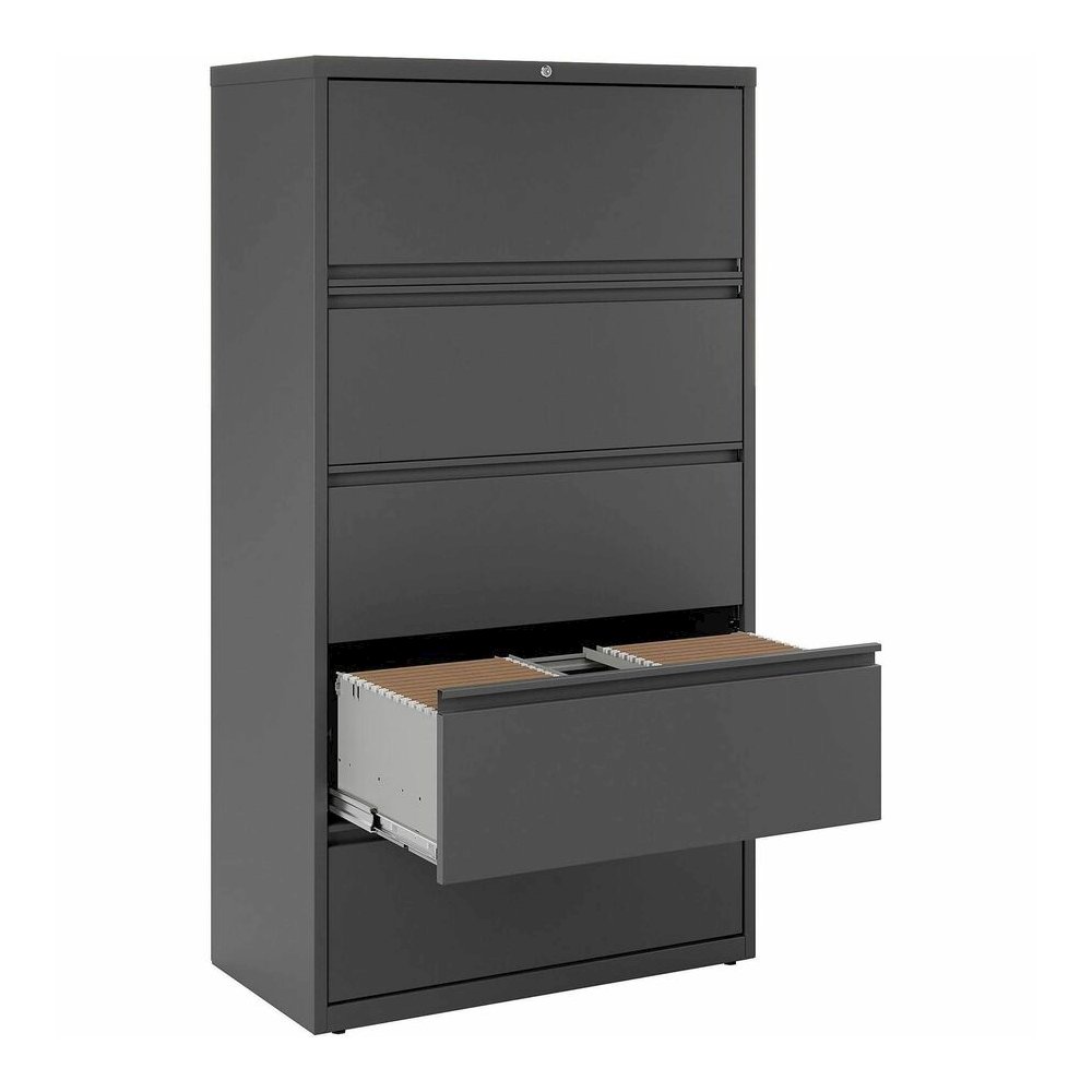 Lorell Fortress Series Lateral File - 36" Width x 18.6" Depth x 67.7" Height - 5 x Drawer(s) - Legal, Letter, A4 - Lateral - Rust Proof, Leveling Glide, Interlocking - Charcoal - Baked Enamel - Steel . Picture 2