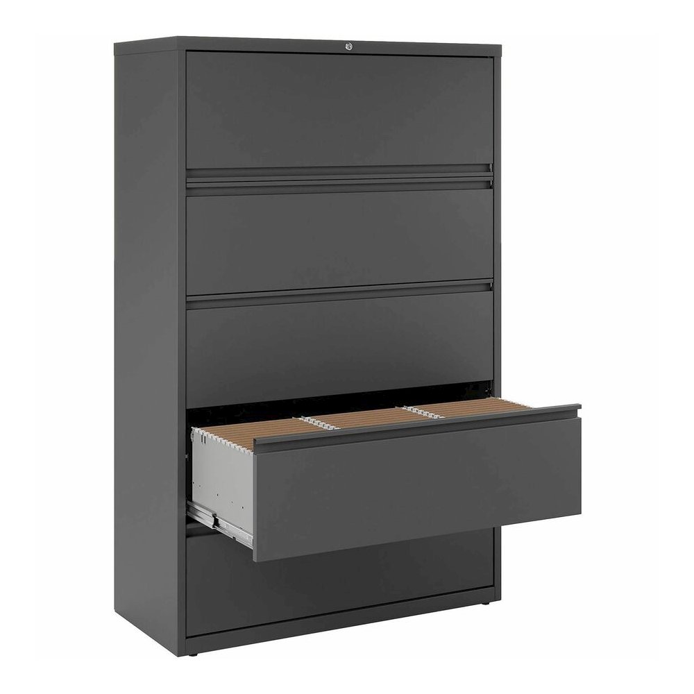 Lorell Fortress Series Lateral File - 42" Width x 18.6" Depth x 67.7" Height - 5 x Drawer(s) - Legal, Letter, A4 - Lateral - Rust Proof, Leveling Glide, Interlocking - Charcoal - Steel - Recycled. Picture 2