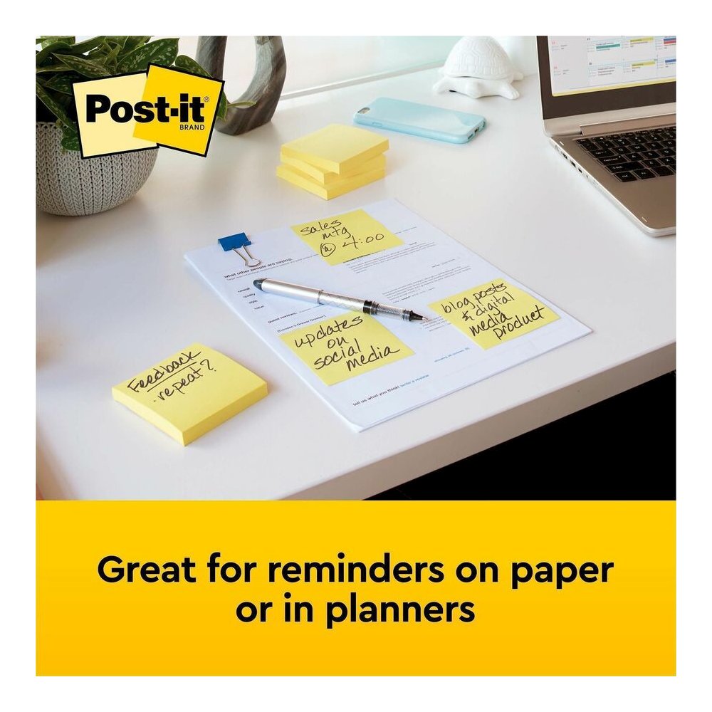 Post-it&reg; Notes Original Notepads - 3" Flag/Note Width x 3" Flag/Note Length - Square - 100 Sheets per Pad - Unruled - Canary Yellow - Paper - Self-adhesive, Repositionable - 12/Pack - 2 / Bundle. Picture 2