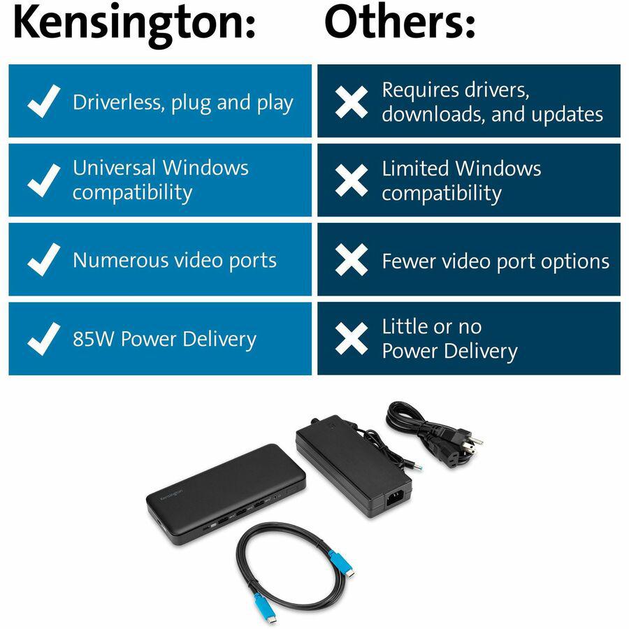Kensington USB-C Triple Video Docking Station - for Notebook, Monitor - USB Type C - 3 Displays Supported - 4K, Full HD - 3840 x 2160, 1920 x 1080 - USB Type-C - Black - Wired - Windows 10 - 85W. Picture 4