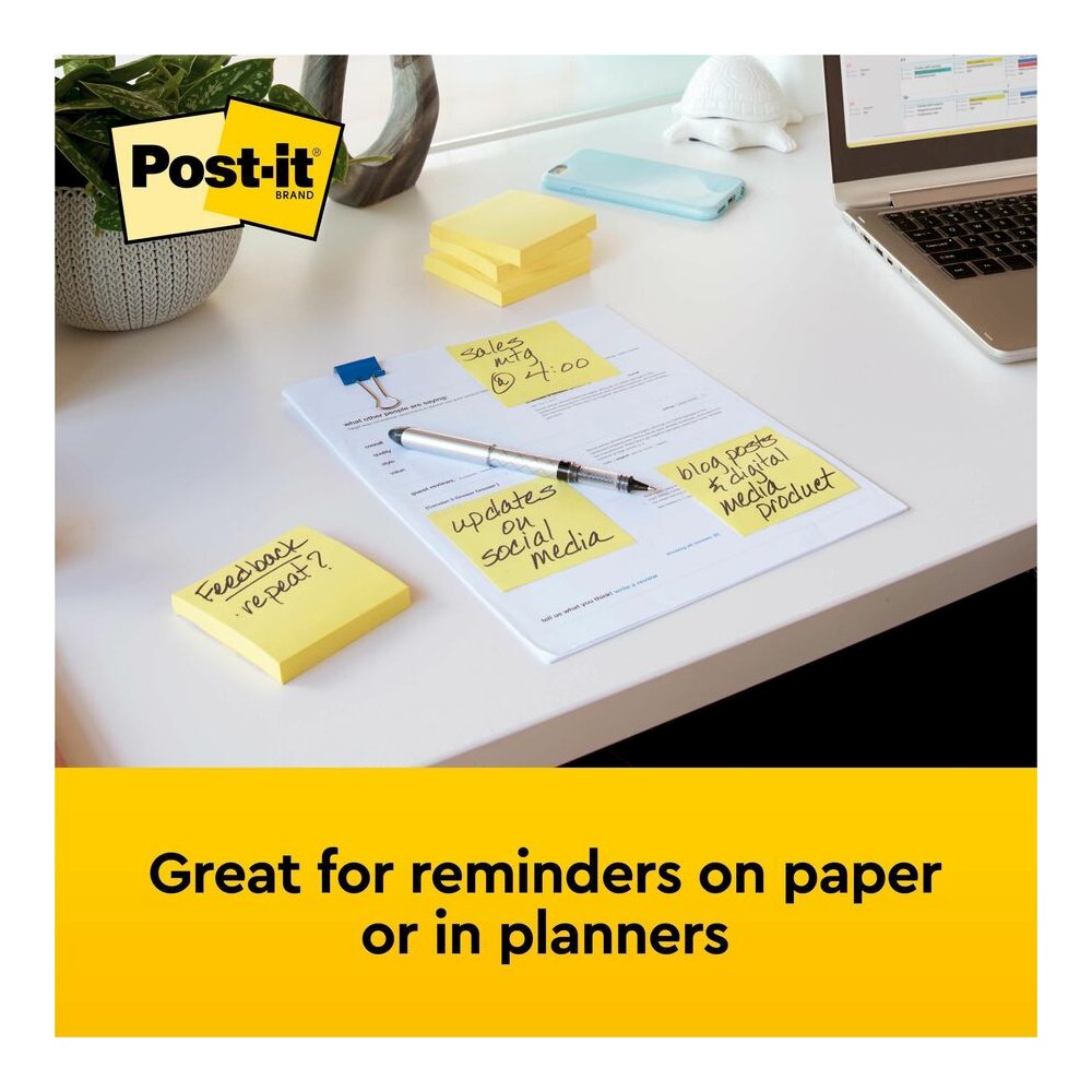 Post-it&reg; Notes Original Notepads - 3" Flag/Note Width x 3" Flag/Note Length - Square - 100 Sheets per Pad - Unruled - Canary Yellow - Paper - Self-adhesive, Repositionable - No - 12 / Pack. Picture 2