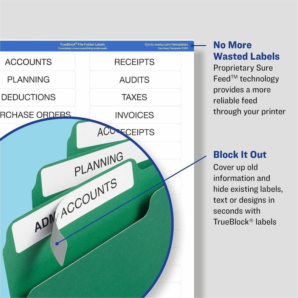 Avery&reg; TrueBlock File Folder Labels - 2/3" Width x 3 7/16" Length - Permanent Adhesive - Rectangle - Inkjet, Laser - Matte - Blue - Paper - 30 / Sheet - 50 Total Sheets - 1500 Total Label(s) - 150. Picture 3