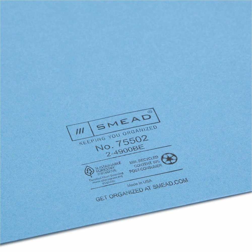 Smead Colored Straight Tab Cut Letter Recycled File Jacket - 8 1/2" x 11" - 11 pt. - 2 Plys - Blue - Slip Resistant, Reinforced Tab - 10% Recycled - 100 / Box. Picture 3