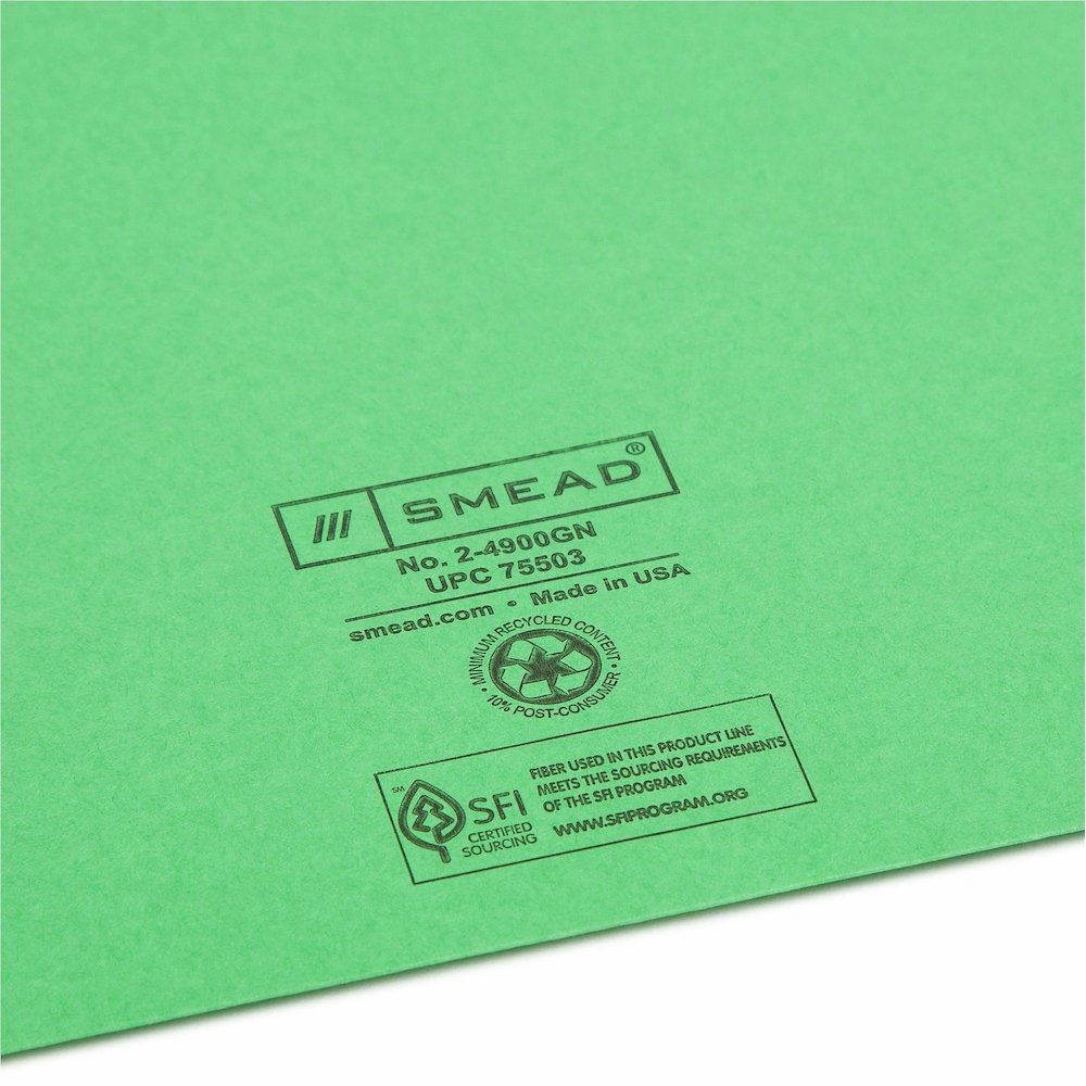 Smead Colored Straight Tab Cut Letter Recycled File Jacket - 8 1/2" x 11" - 11 pt. - 2 Plys - Green - Slip Resistant, Reinforced Tab - 10% Recycled - 100 / Box. Picture 3