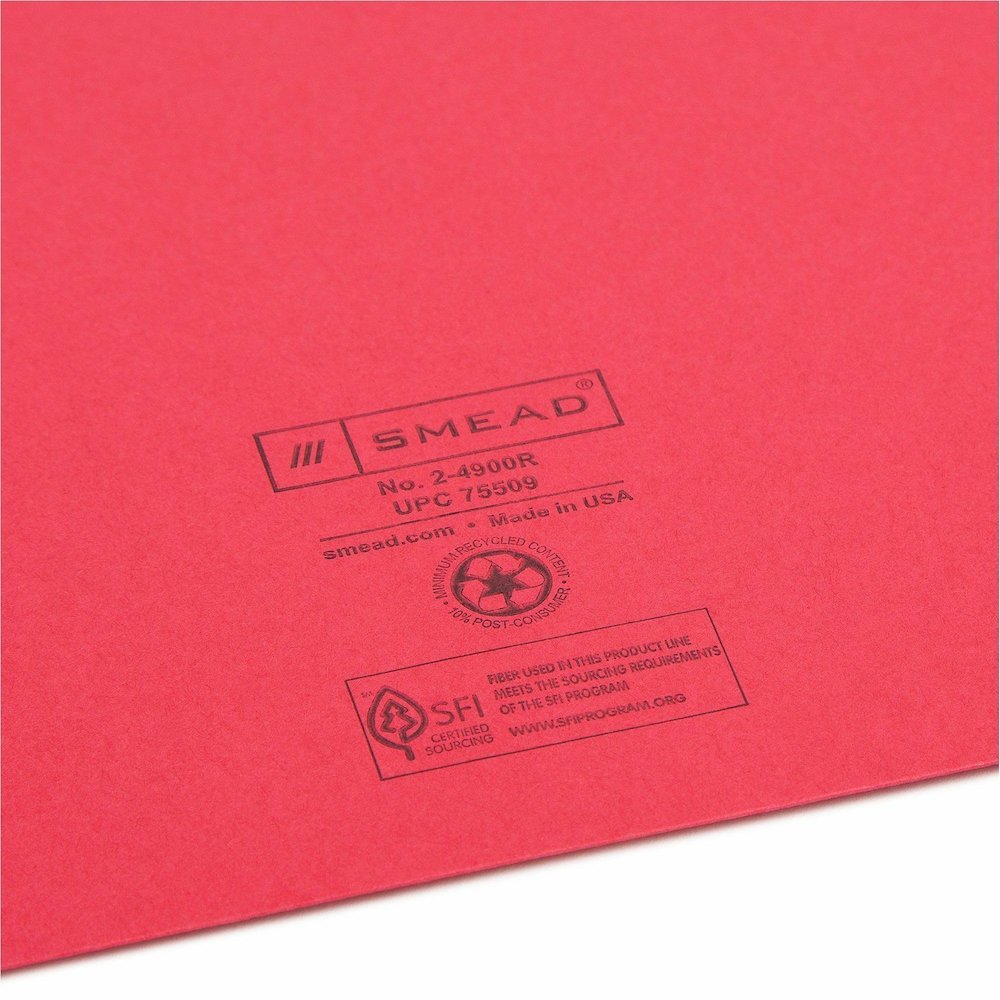 Smead Colored Straight Tab Cut Letter Recycled File Jacket - 8 1/2" x 11" - 11 pt. - 2 Plys - Red - Slip Resistant, Reinforced Tab - 10% Recycled - 100 / Box. Picture 3