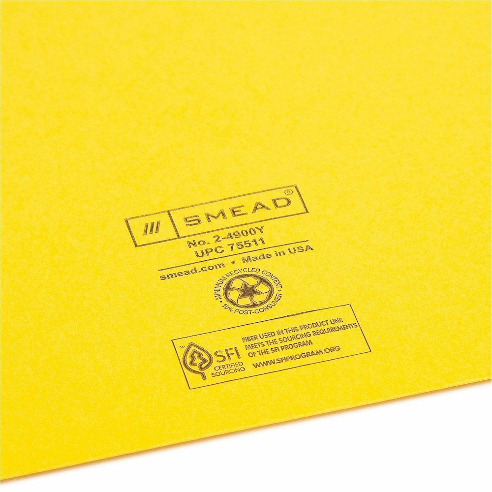 Smead Colored Straight Tab Cut Letter Recycled File Jacket - 8 1/2" x 11" - 11 pt. - 2 Plys - Yellow - Slip Resistant, Reinforced Tab - 10% Recycled - 100 / Box. Picture 3