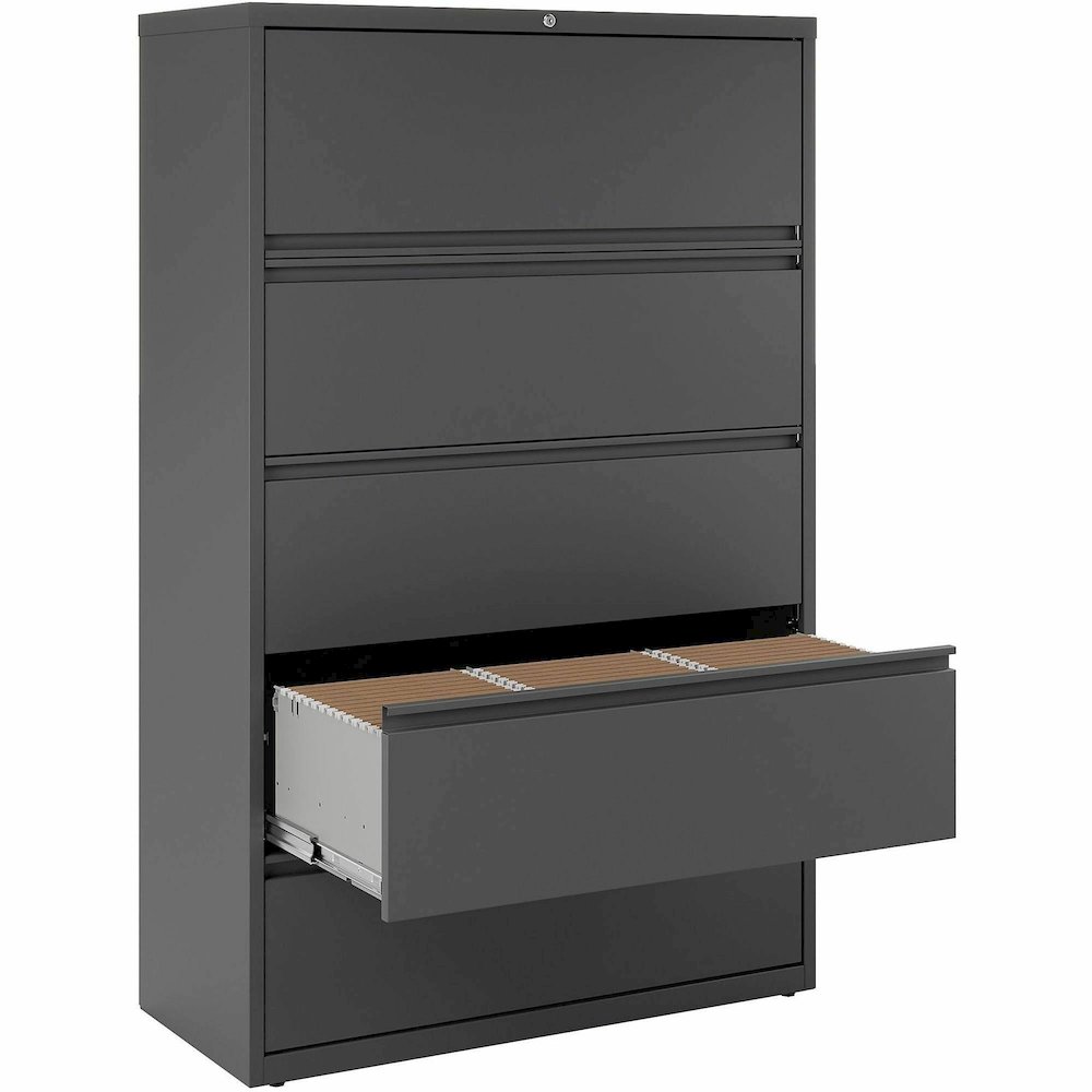 Lorell Fortress Series Lateral File - 42" Width x 18.6" Depth x 67.7" Height - 5 x Drawer(s) - Legal, Letter, A4 - Lateral - Rust Proof, Leveling Glide, Interlocking - Charcoal - Steel - Recycled. Picture 3