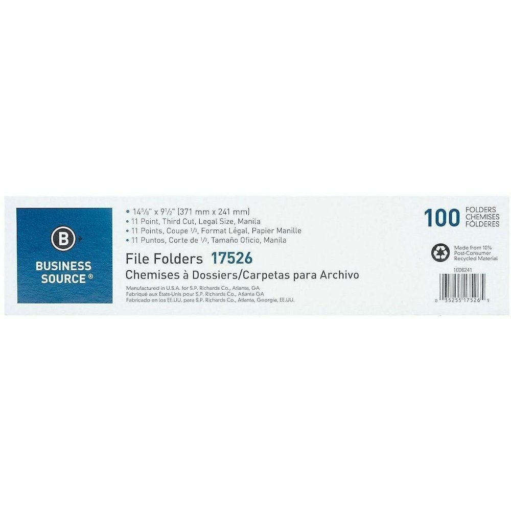 Business Source 1/3 Tab Cut Legal Recycled Top Tab File Folder - 8 1/2" x 14" - 3/4" Expansion - Top Tab Location - Assorted Tab Position - 1 Plys - Manila Paper - Manila - Tab - 10% Recycled - 100 / . Picture 3
