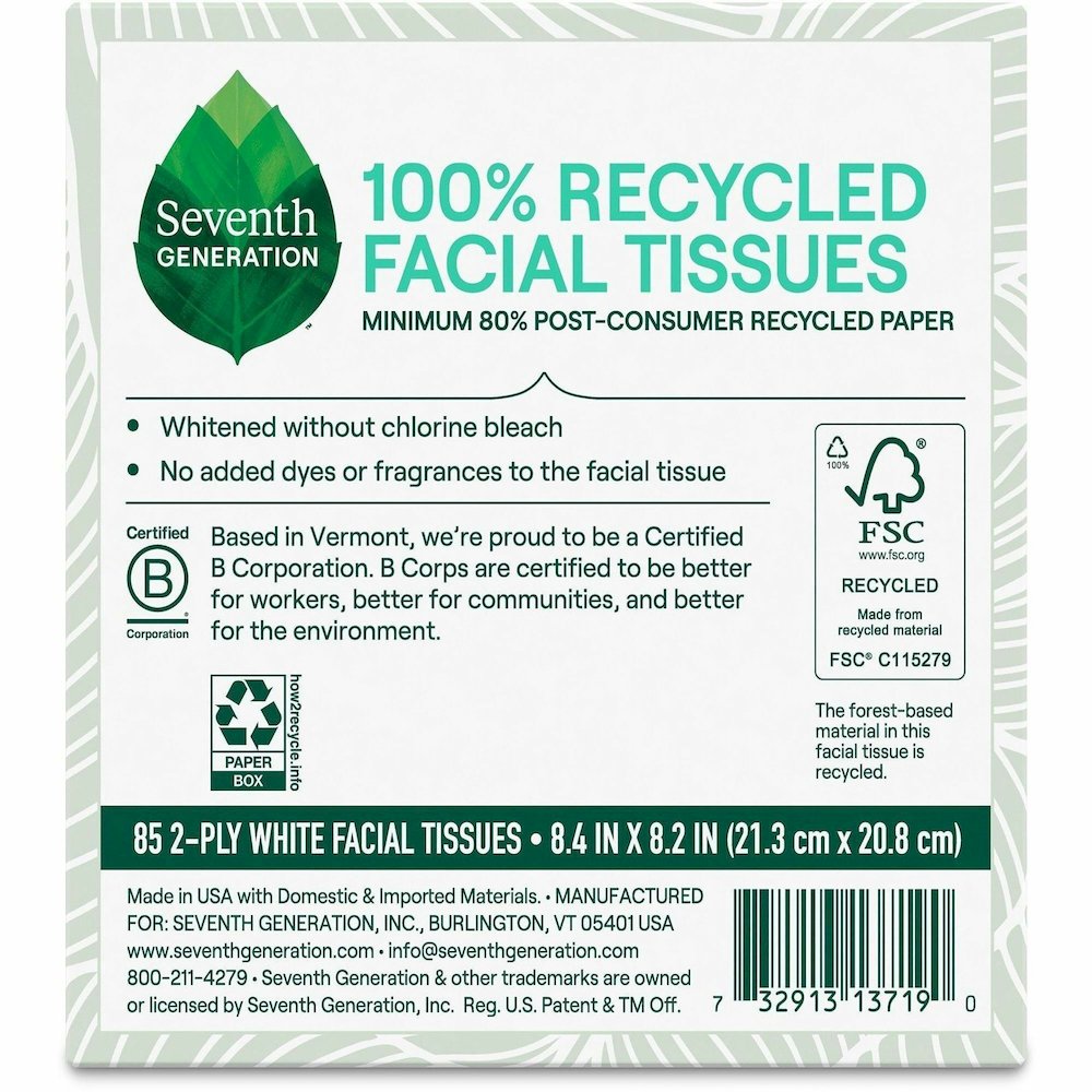 Seventh Generation 100% Recycled Facial Tissues - 2 Ply - White - PaperBox - 85/Box - 36 / Carton. Picture 3