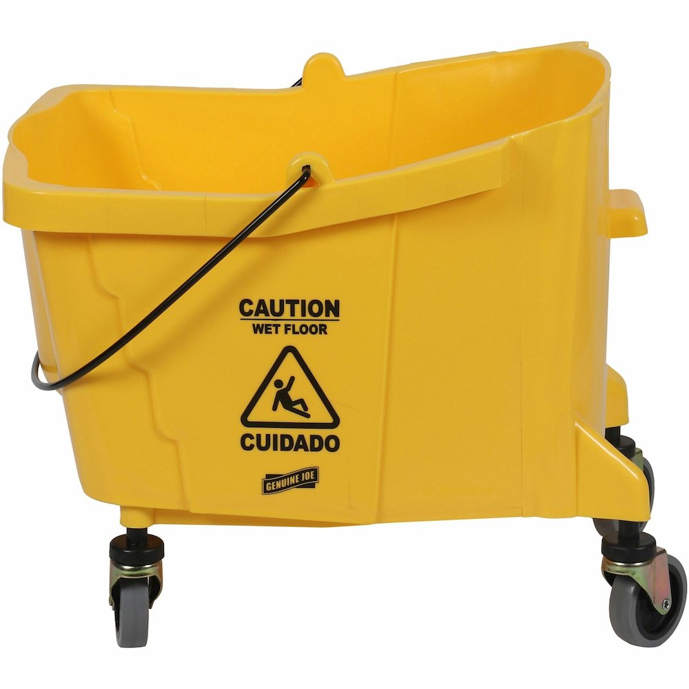 Genuine Joe 35-quart Side Press Mop Bucket & Wringer Combo - 8.75 gal - Caster - 21" x 16" x 14" - Yellow - 18 / Pallet. Picture 3