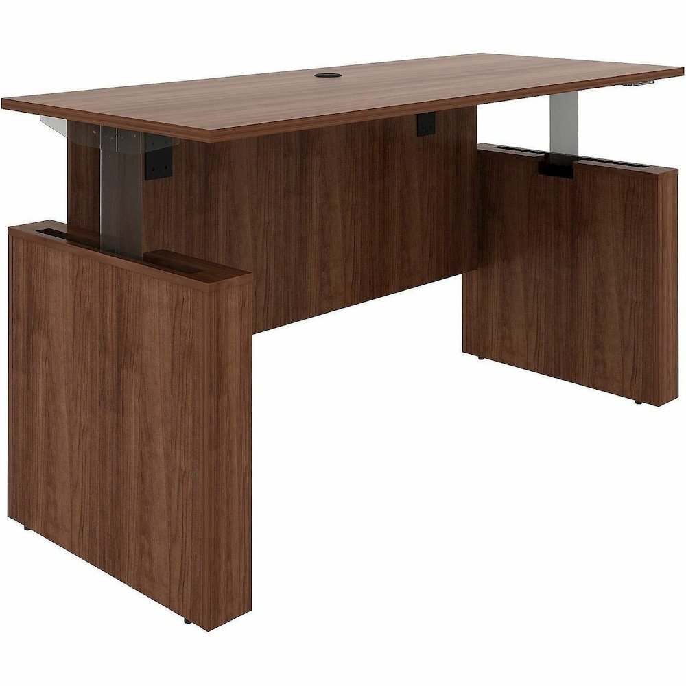 Lorell Essentials 72" Sit-to-Stand Desk Shell - 49" Height x 72" Width x 29" Depth, 1" Thickness Top - Finish: Walnut, Laminate - Walnut, Laminate Table Top - Laminated, Cam Lock, Durable, Grommet, Co. Picture 3