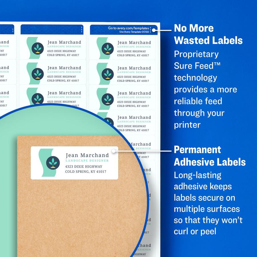 Avery&reg; Easy Peel&reg; Address Labels with Sure Feed™ Technology - 1" Width x 2 5/8" Length - Permanent Adhesive - Rectangle - Laser - Matte - White - Paper - 30 / Sheet - 100 Total Sheets - . Picture 5