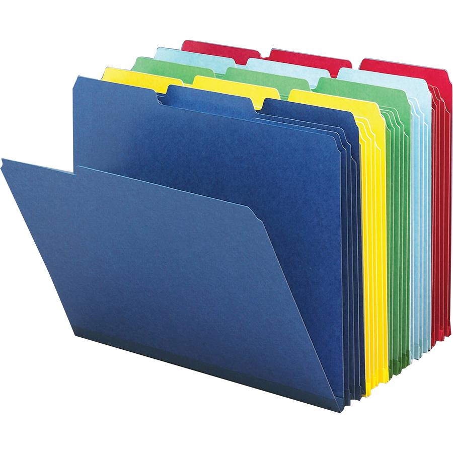Smead Colored 1/3 Tab Cut Letter Recycled Top Tab File Folder - 8 1/2" x 11" - 1" Expansion - Top Tab Location - Assorted Position Tab Position - Pressboard - Bright Red - 100% Recycled - 25 / Box. Picture 3