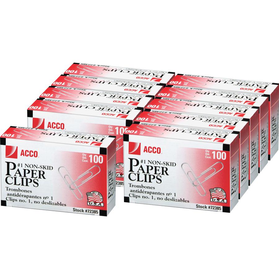ACCO Premium Paper Clips - No. 1 - 1.3" Length - 10 Sheet Capacity - Non-skid, Strain Resistant, Corrosion Resistant, Galvanized, Non-slip Grip - Silver - Metal, Zinc Plated - 100/Box - 10 / Pack. Picture 2