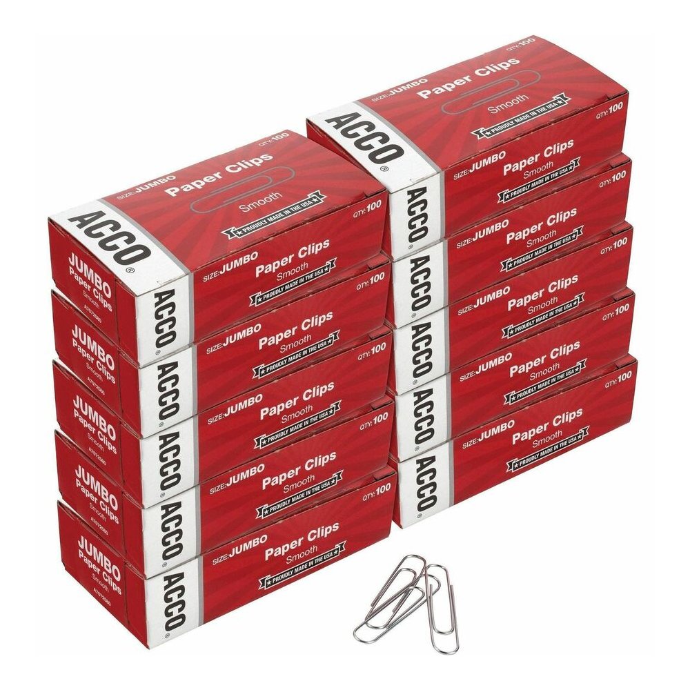 ACCO Economy Jumbo Smooth Paper Clips - Jumbo - 2" Length x 0.5" Width - 20 Sheet Capacity - Galvanized, Corrosion Resistant - Silver - Metal, Zinc Plated - 100/Box - 10 / Pack. Picture 2