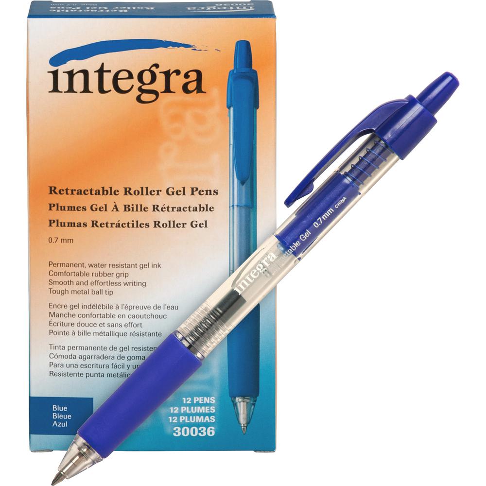 Integra Retractable 0.7mm Gel Pens - Retractable - Blue Ink - Gel-based - Clear Barrel - Metal Tip - 1 Dozen. Picture 2