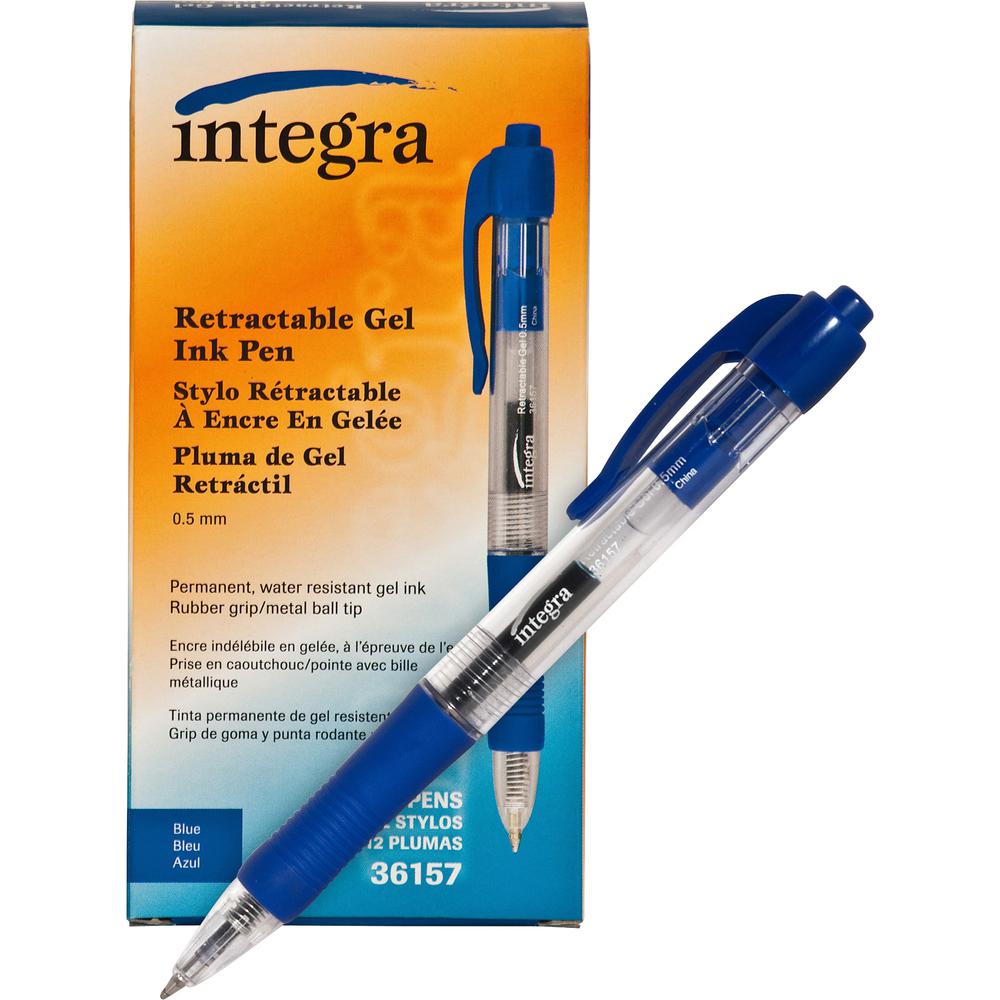 Integra Retractable 0.5mm Gel Pens - Retractable - Blue Ink - Gel-based - Blue Barrel - Metal Tip - Writing - 1 Dozen. Picture 7