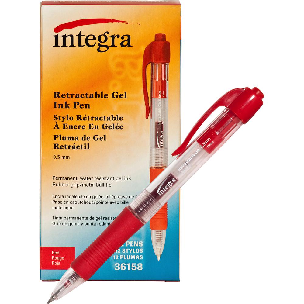 Integra Retractable 0.5mm Gel Pens - Retractable - Red Ink - Red Barrel - Metal Tip - 12 / Dozen. Picture 6
