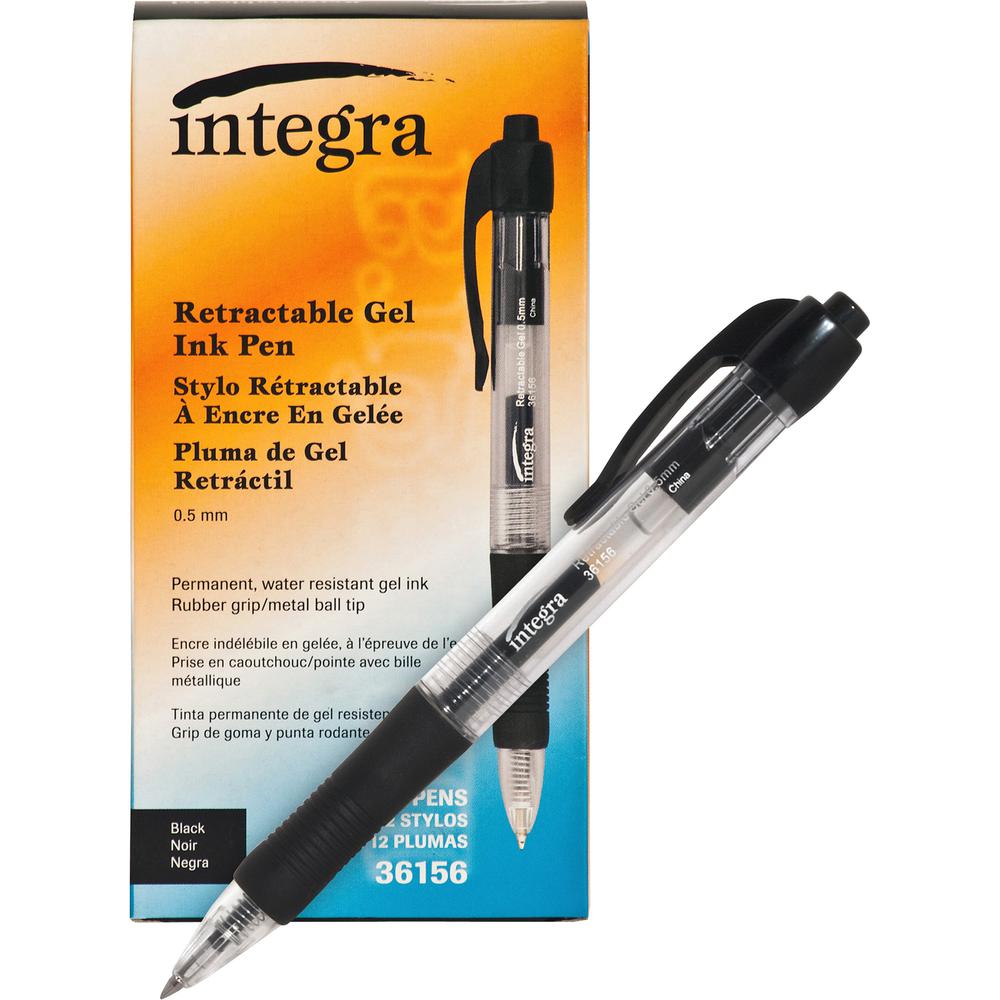 Integra Retractable 0.5mm Gel Pens - Retractable - Black Ink - Gel-based - Black Barrel - Metal Tip - 1 Dozen. Picture 5