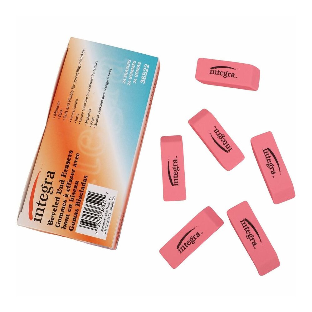 Integra Pink Pencil Eraser - Pink - 2" Width x 0.8" Height x 0.4" Depth - 24 / Box - Soft, Pliable, Latex-free. Picture 2