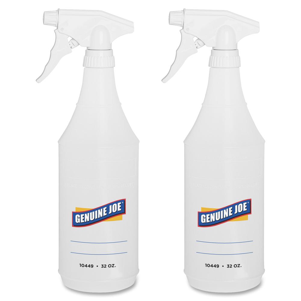 Genuine Joe 32 oz Trigger Spray Bottle - Suitable For Cleaning - Adjustable, Flexible, Graduated - 1 Pair - Clear. Picture 2