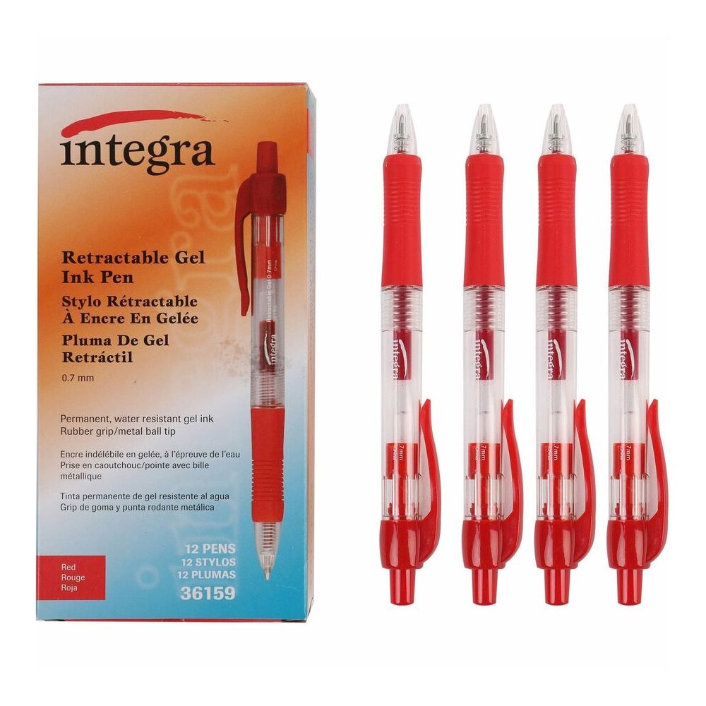 Integra Retractable 0.7mm Gel Pens - Retractable - Red Ink - Gel-based - Red Barrel - Metal Tip - 1 Dozen. Picture 2