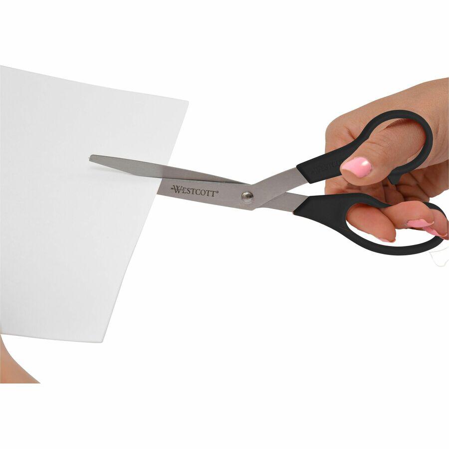 Westcott 8" All Purpose Bent Scissors - 3.50" Cutting Length - 8" Overall Length - Bent - Stainless Steel - Pointed Tip - Black - 3 / Pack. Picture 7