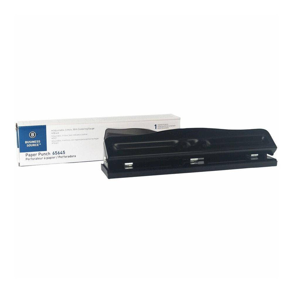 Business Source 3-Hole Adjustable Paper Punch - 3 Punch Head(s) - 11 Sheet of 16lb Paper - 1/4" Punch Size - Round Shape - Black. Picture 2