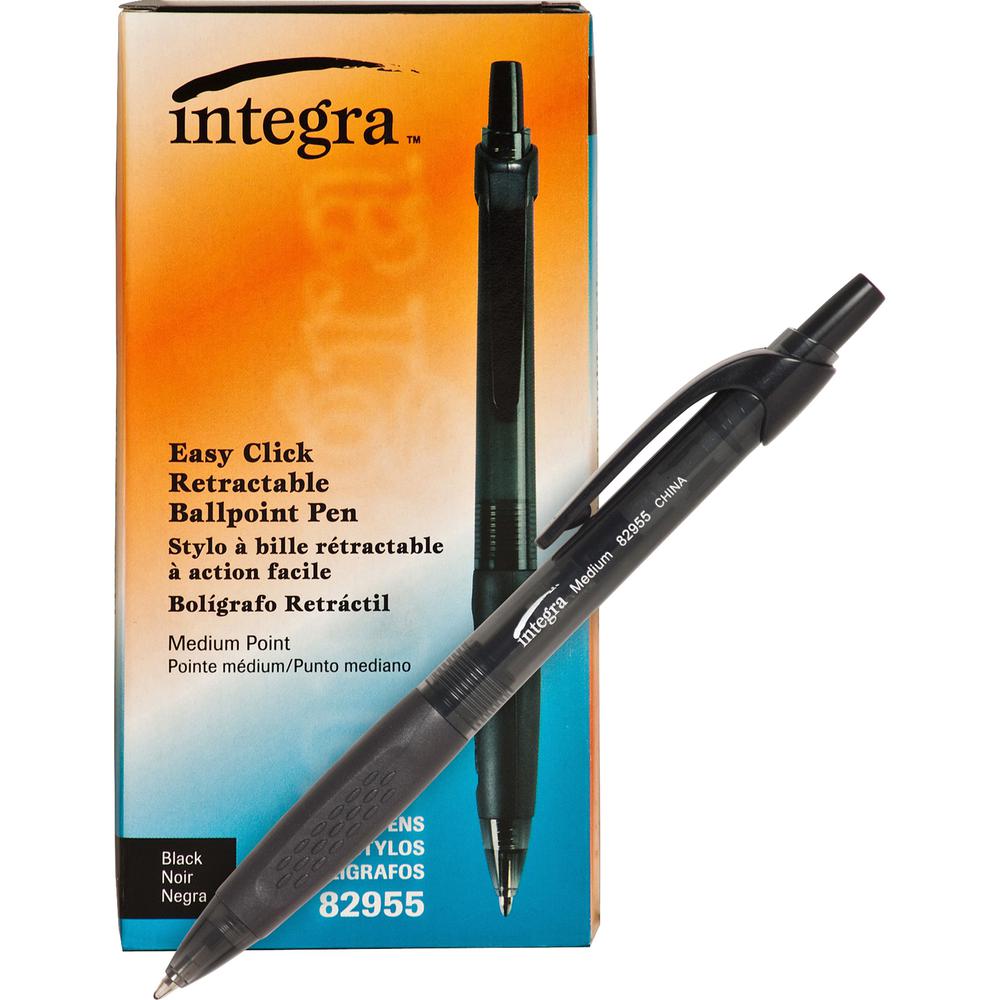Integra Easy Click Retractable Ballpoint Pen - Retractable - Black Ink - Black Barrel - 1 Dozen. Picture 3