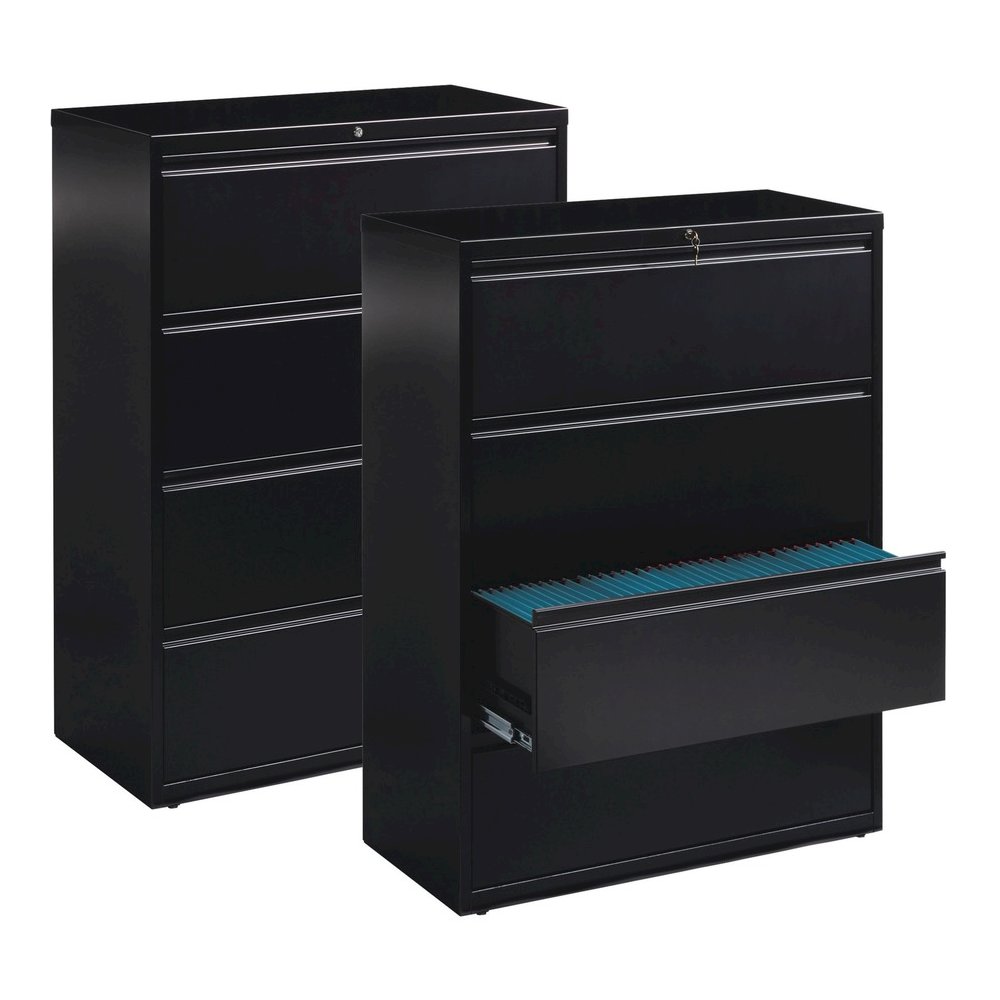 Lorell Fortress Series Lateral File - 42" x 18.6" x 52.5" - 4 x Drawer(s) for File - Letter, Legal, A4 - Lateral - Interlocking, Leveling Glide, Label Holder, Ball-bearing Suspension - Black - Recycle. Picture 4