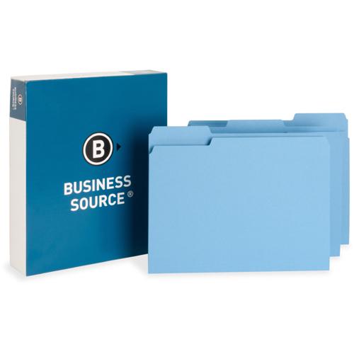 Business Source 1/3 Tab Cut Letter Recycled Top Tab File Folder - 8 1/2" x 11" - Top Tab Location - Assorted Tab Position - 11 pt. - 1 Plys - Blue - 10% Recycled - 100 / Box. Picture 2