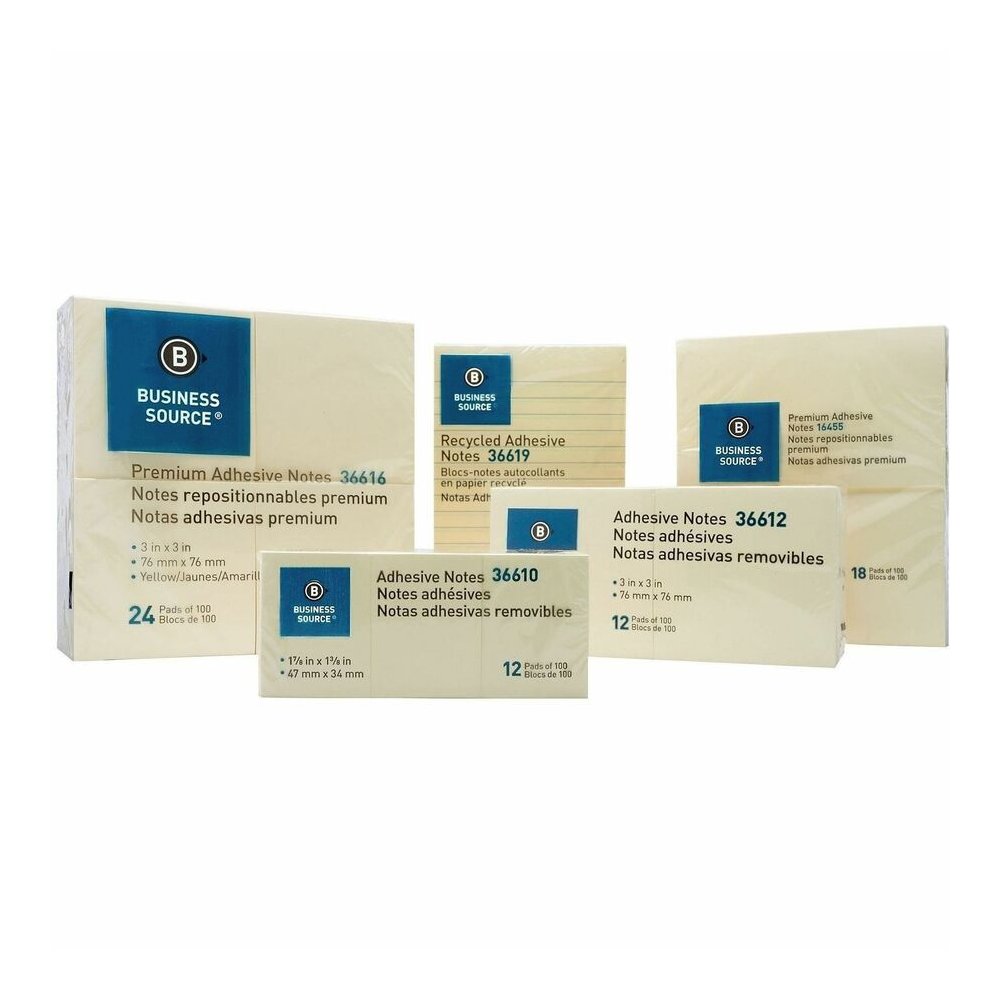 Business Source Repositionable Notes - 3" Flag/Note Width x 5" Flag/Note Length - Rectangle - Yellow - Repositionable, Solvent-free Adhesive - 18 / Pack. Picture 2