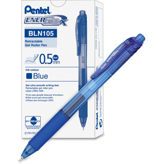 EnerGel EnerGel-X Retractable Gel Pens - Fine Pen Point - 0.5 mm Pen Point Size - Needle Pen Point Style - Refillable - Retractable - Blue Gel-based Ink - Blue Barrel - 12 / Box. Picture 6