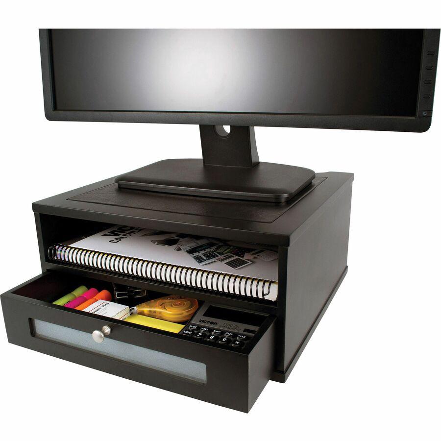 Victor 1175-5 Midnight Black Monitor Riser - Flat Panel Display Type Supported - 1 x Shelf(ves)13.4" Width x 13.4" Depth - Desktop - Matte Black - Faux Leather, Wood, Glass, Metal - Black. Picture 7