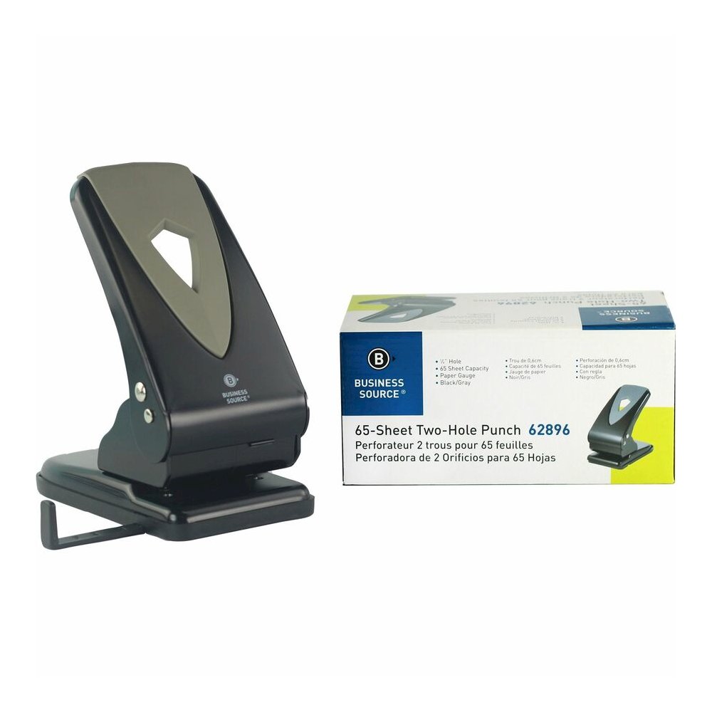 Business Source Two-hole Metal Punch - 2 Punch Head(s) - 65 Sheet of 20lb Paper - 1/4" Punch Size - Metal - Black, Gray. Picture 2