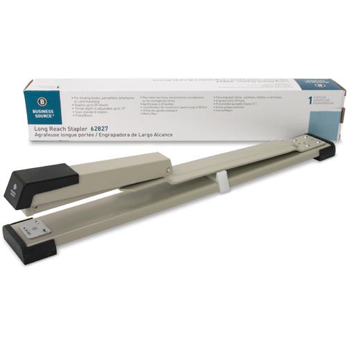 Business Source Long Reach Stapler - Staples Upto 20 Sheet of 20lb Paper - Holds Upto 210 Staple - Full Strip - Staple Size: 0.25" - 12" Throat Depth - Putty, Gray, Black - 1 Each. Picture 7