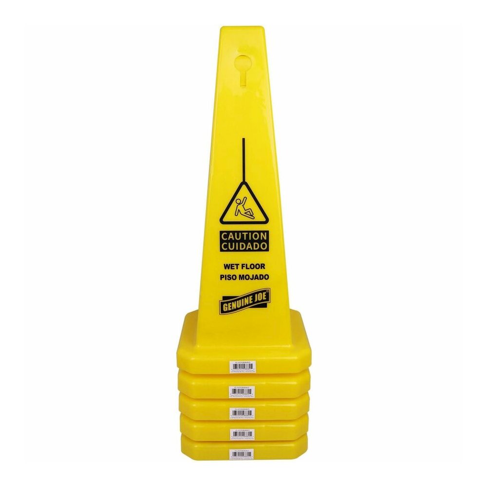 Genuine Joe Bright 4-sided Caution Safety Cone - English, Spanish - 10" Width x 24" Height x 10" Depth - Cone Shape - Stackable - Industrial - Polypropylene - Yellow - 1 Each. Picture 2