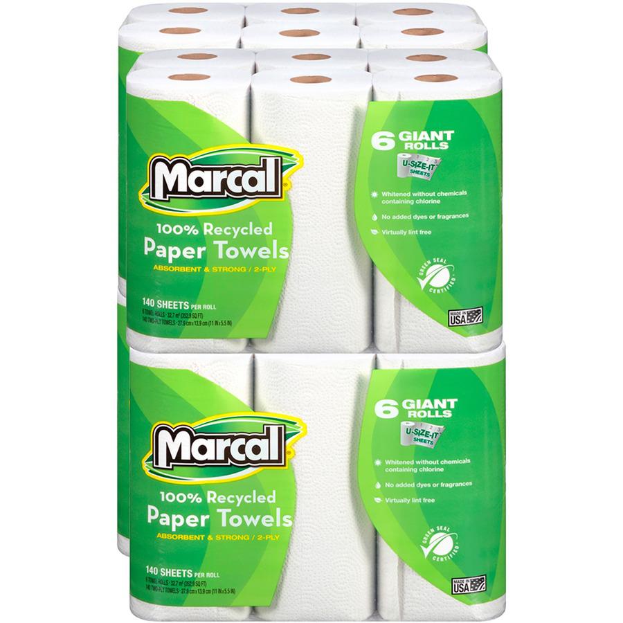 Marcal 100% Recycled Giant Roll Paper Towels - 2 Ply - 140 Sheets/Roll - White - 6 Rolls Per Container - 6 / Pack. Picture 2